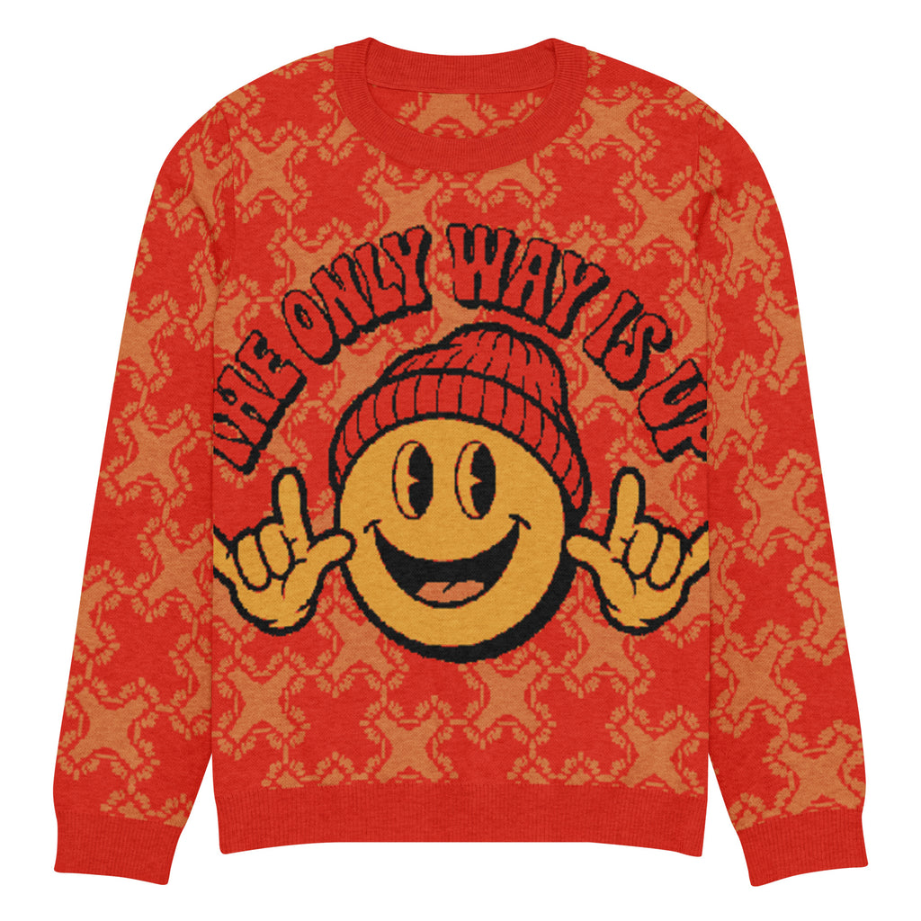 The Only Way Is Up Knitted Jumper – Red & Orange Smiley, Unisex