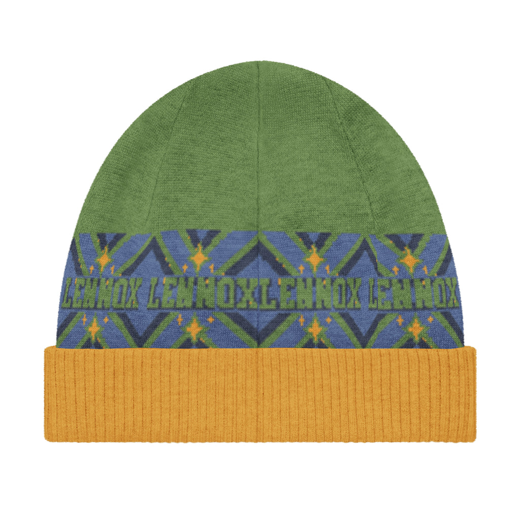 Personalised Geometric Knitted Beanie – Custom Name, Green & Blue