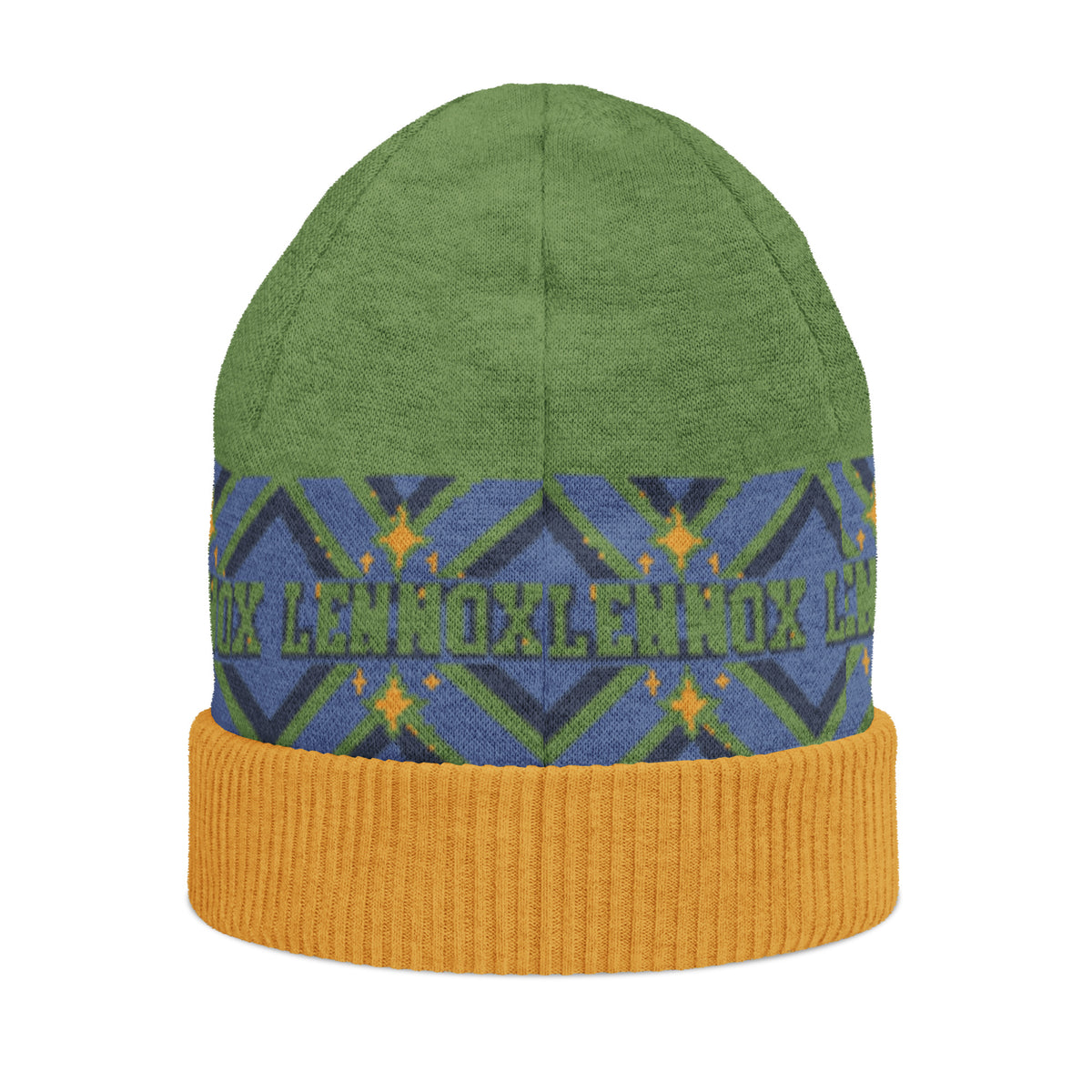 Personalised Geometric Knitted Beanie – Custom Name, Green & Blue
