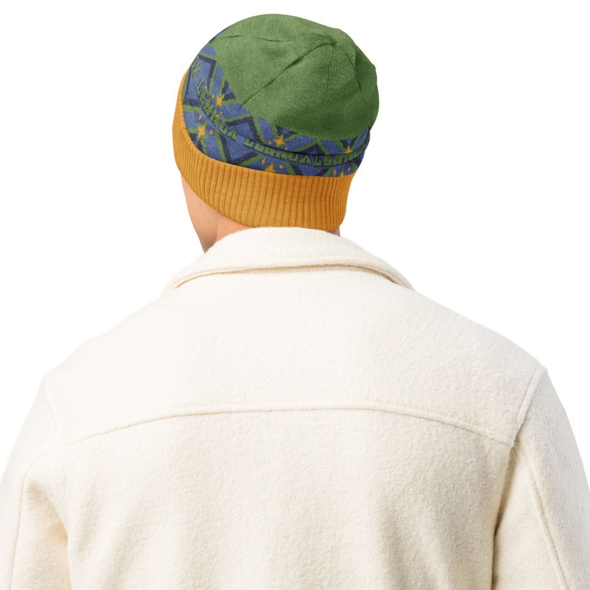 Personalised Geometric Knitted Beanie – Custom Name, Green & Blue