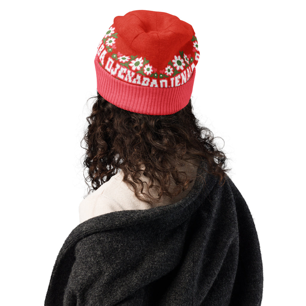 Personalised Daisy Knitted Beanie – Custom Name, Green Floral
