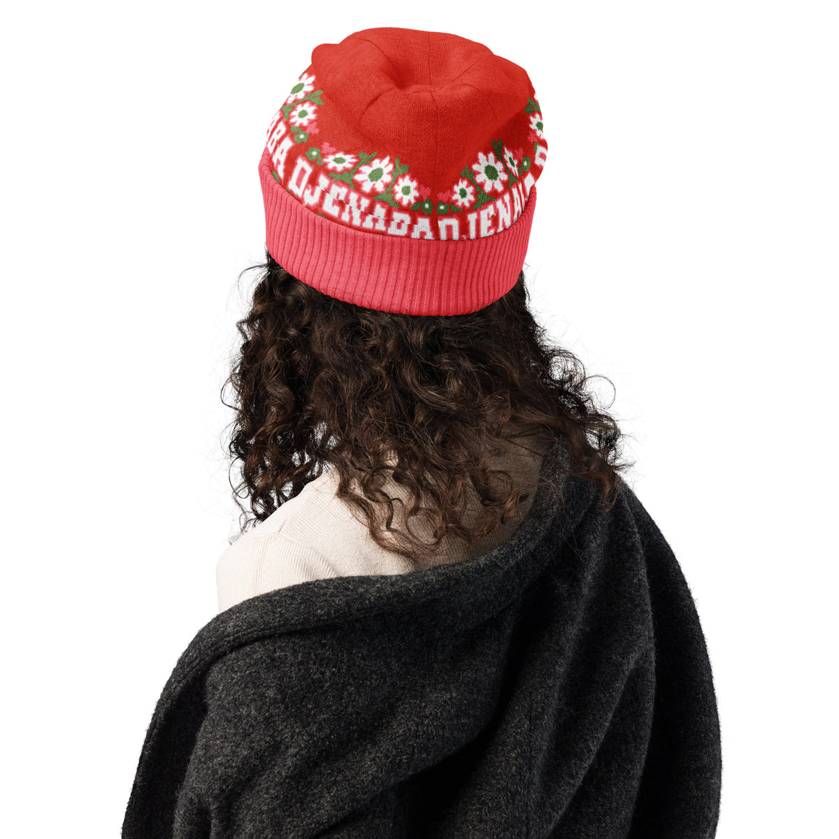 Personalised Daisy Knitted Beanie – Custom Name, Green Floral