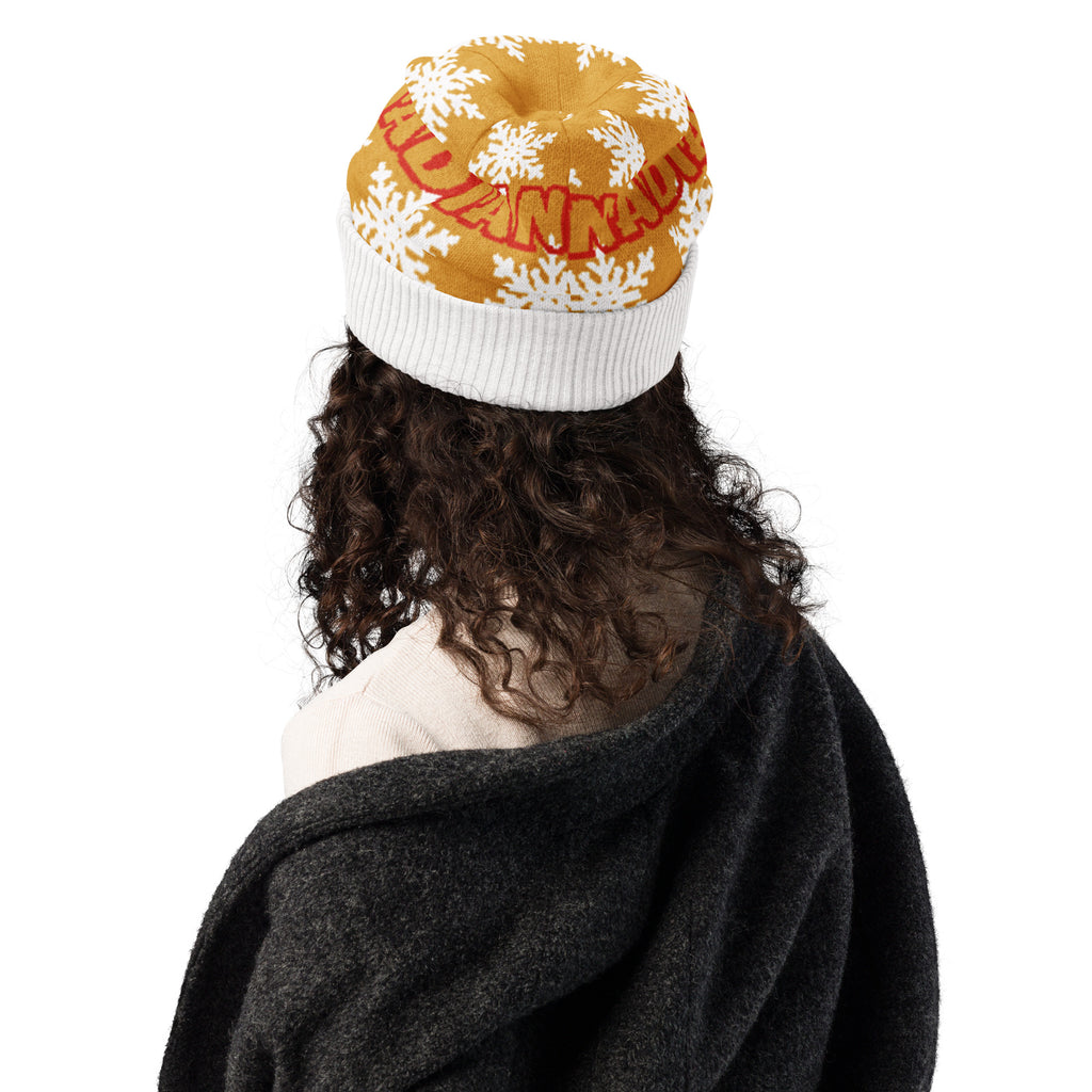 Personalised Snowflake Knitted Beanie – Custom Name, Mustard
