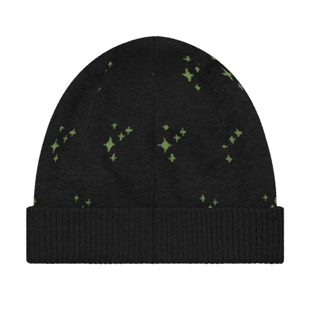 Black Knitted Beanie – Green Spark Pattern, Unisex