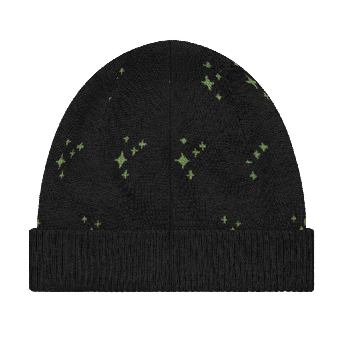 Black Knitted Beanie – Green Spark Pattern, Unisex