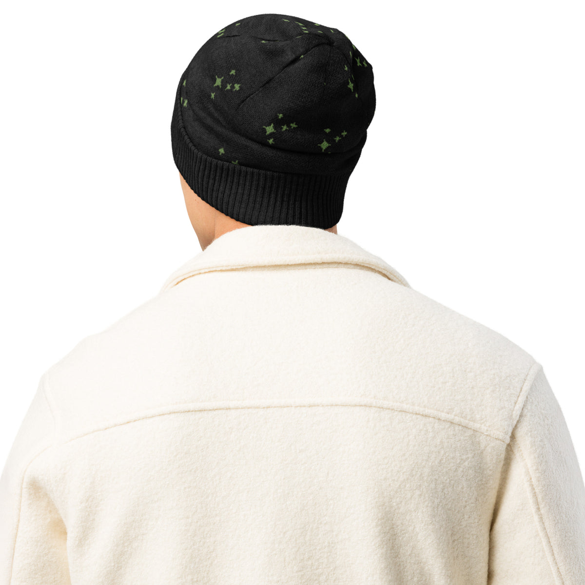 Black Knitted Beanie – Green Spark Pattern, Unisex