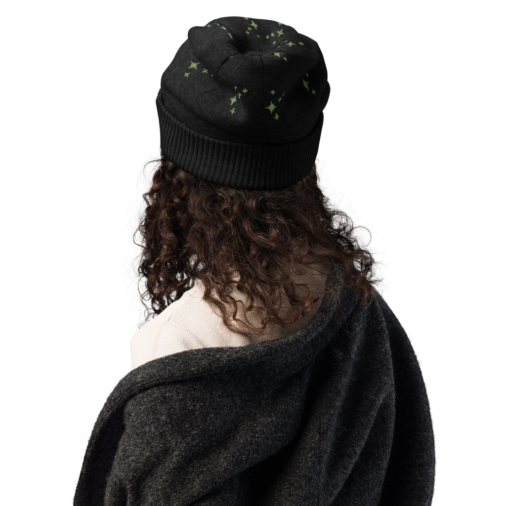 Black Knitted Beanie – Green Spark Pattern, Unisex