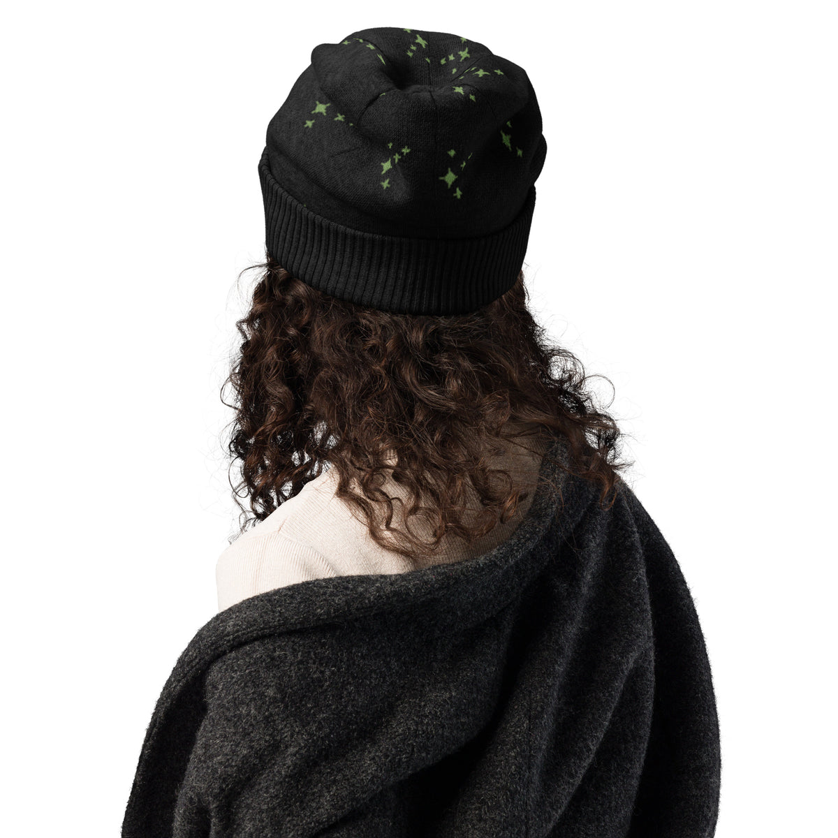 Black Knitted Beanie – Green Spark Pattern, Unisex