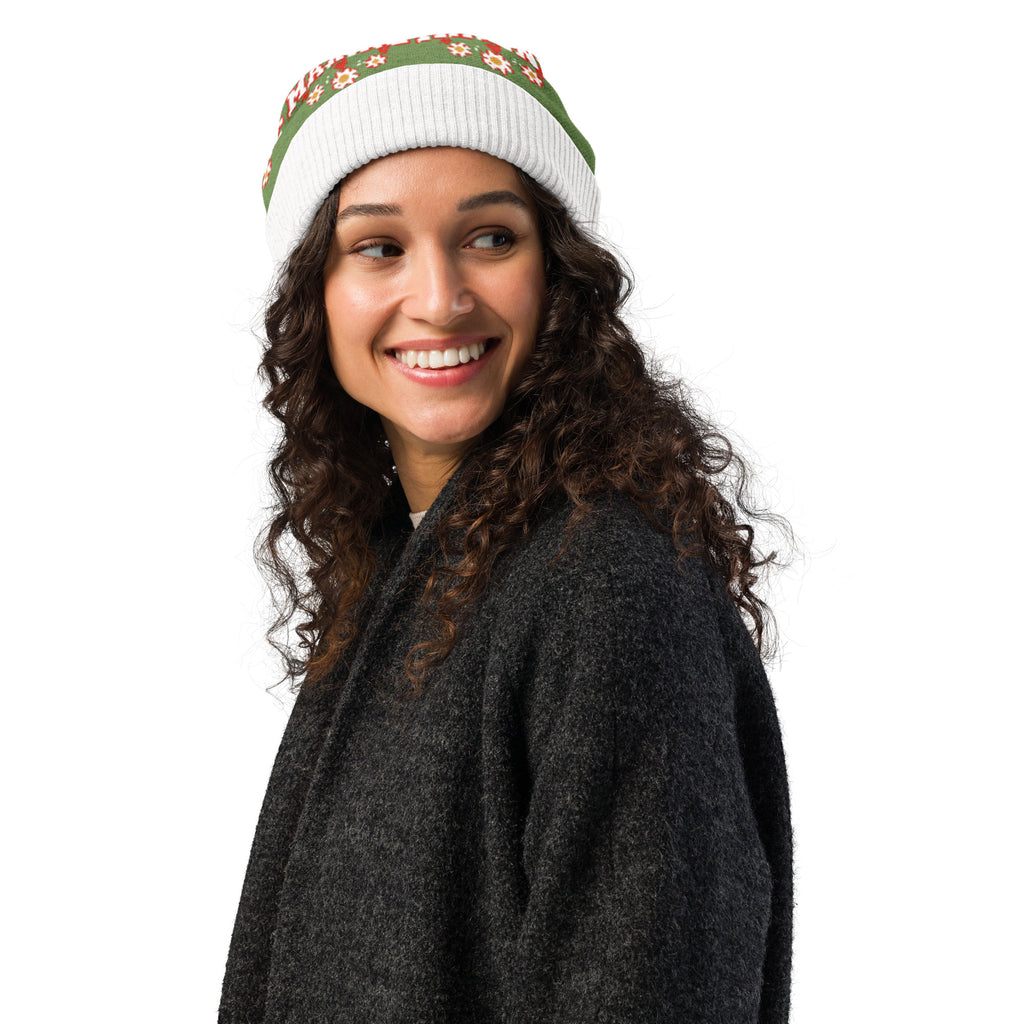 Personalised Daisy Knitted Beanie – Custom Name, Floral