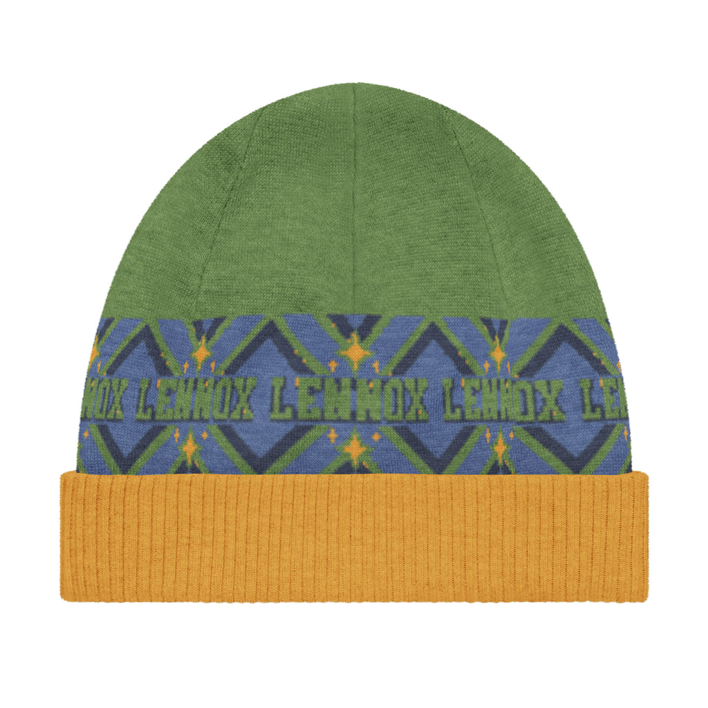 Personalised Geometric Knitted Beanie – Custom Name, Green & Blue