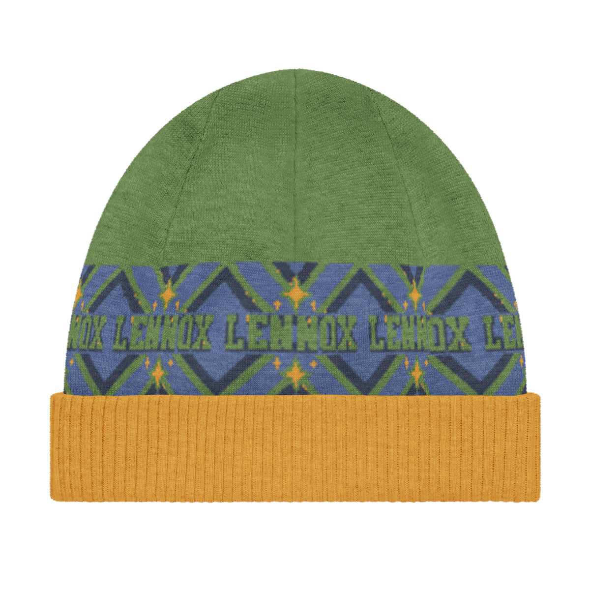 Personalised Geometric Knitted Beanie – Custom Name, Green & Blue