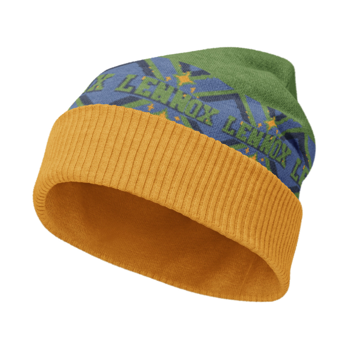 Personalised Geometric Knitted Beanie – Custom Name, Green & Blue