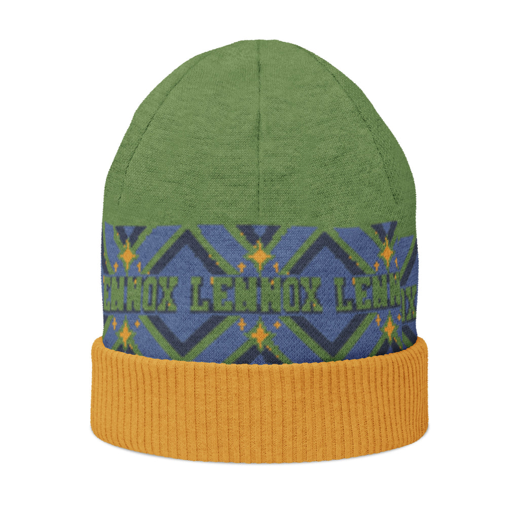 Personalised Geometric Knitted Beanie – Custom Name, Green & Blue