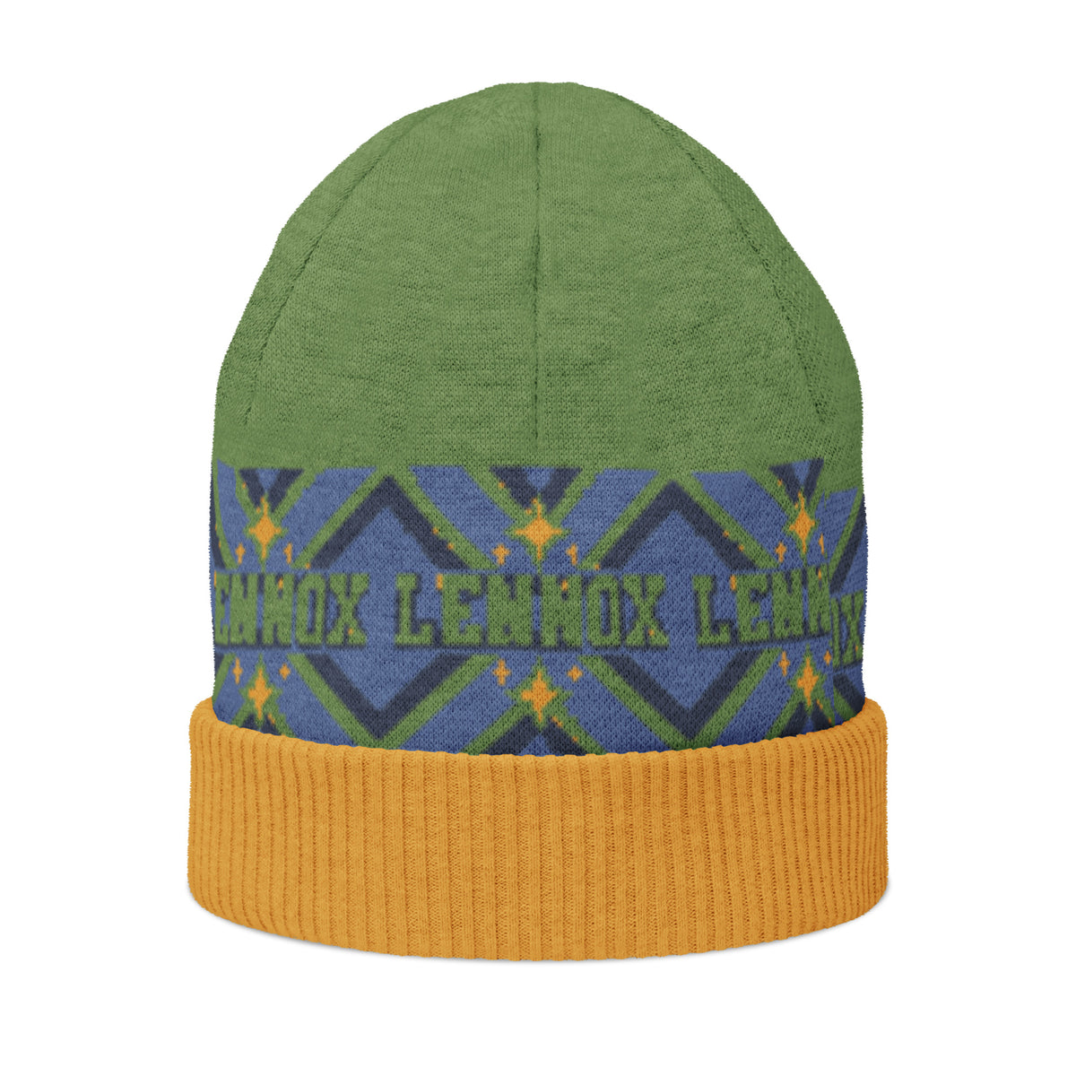 Personalised Geometric Knitted Beanie – Custom Name, Green & Blue