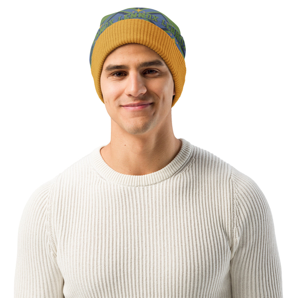 Personalised Geometric Knitted Beanie – Custom Name, Green & Blue
