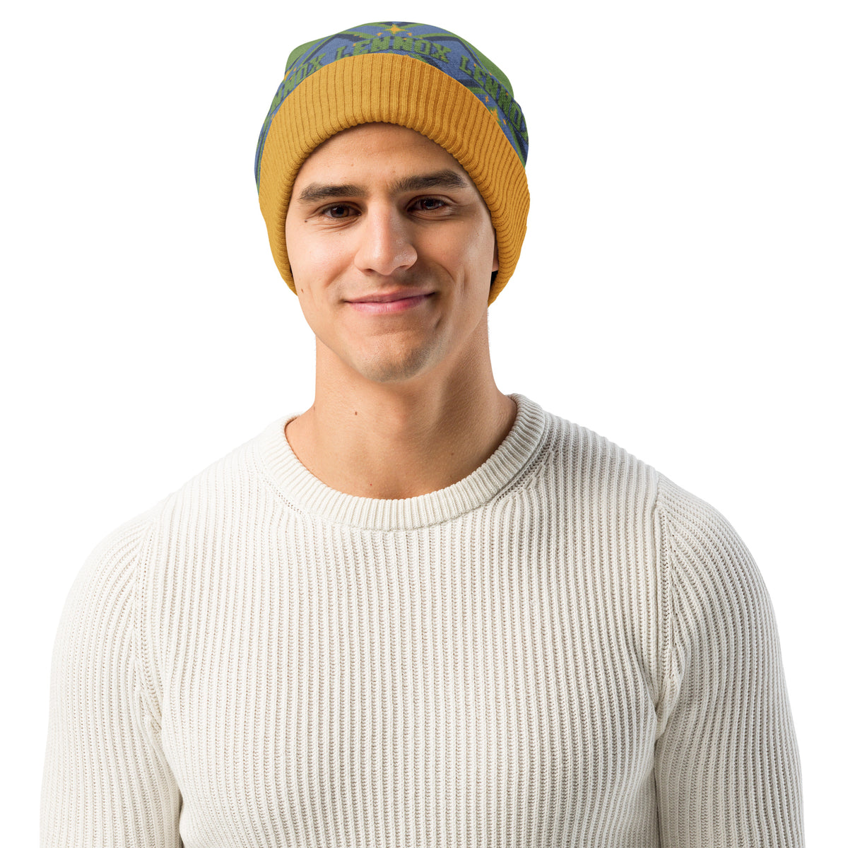 Personalised Geometric Knitted Beanie – Custom Name, Green & Blue