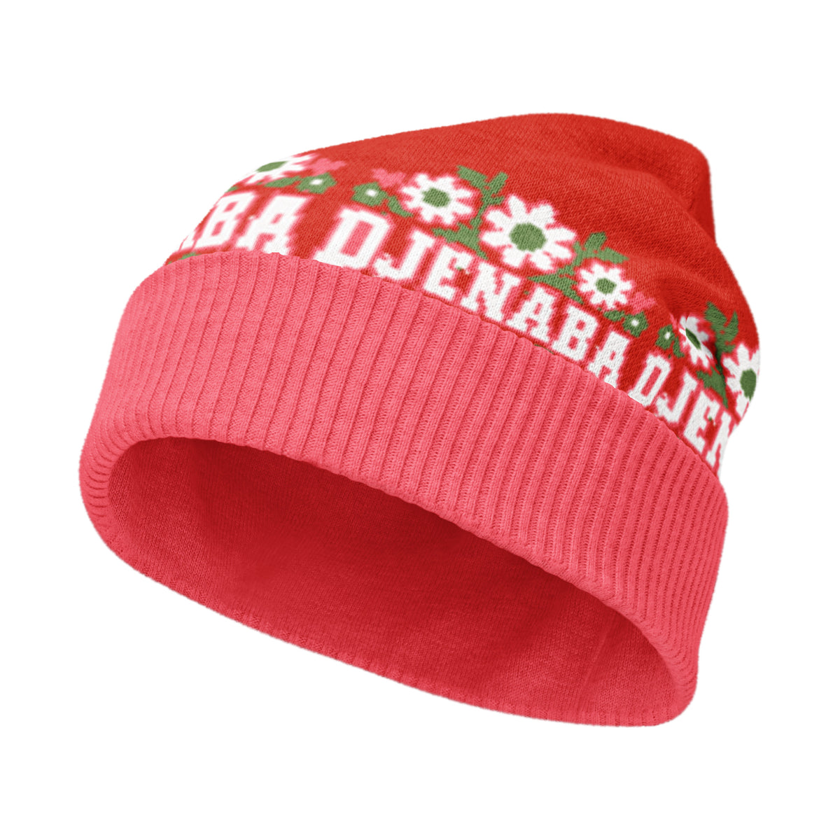 Personalised Daisy Knitted Beanie – Custom Name, Green Floral