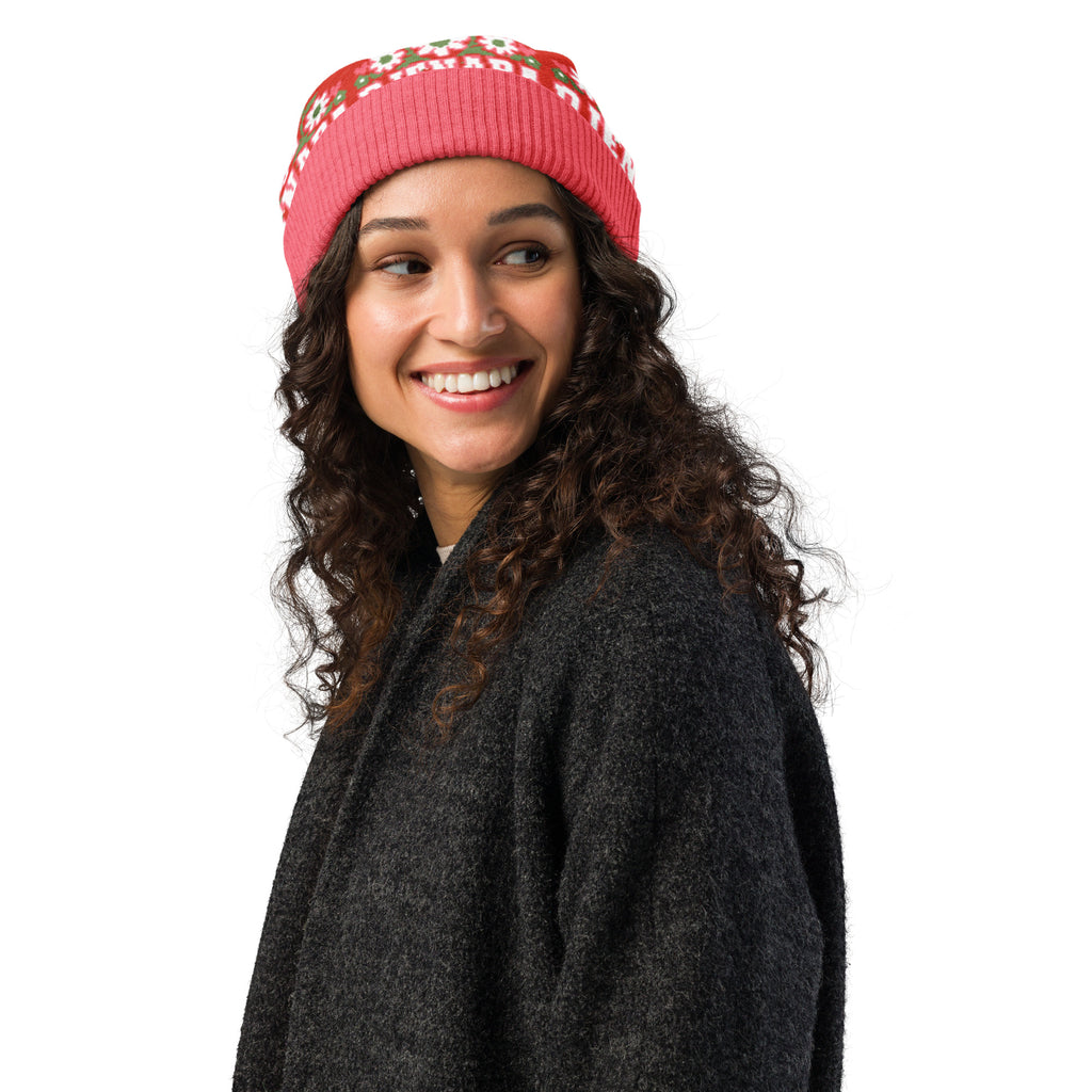 Personalised Daisy Knitted Beanie – Custom Name, Green Floral