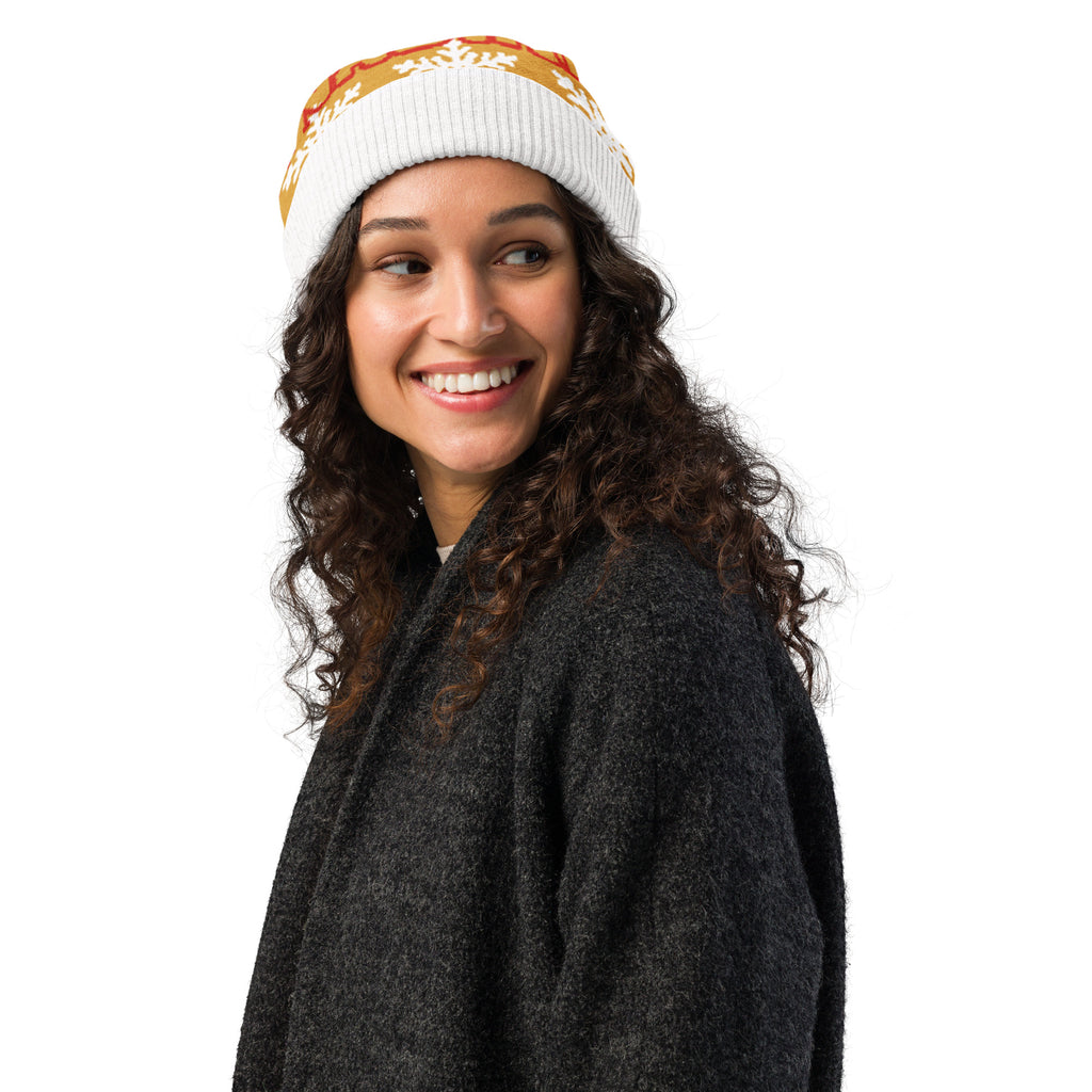 Personalised Snowflake Knitted Beanie – Custom Name, Mustard