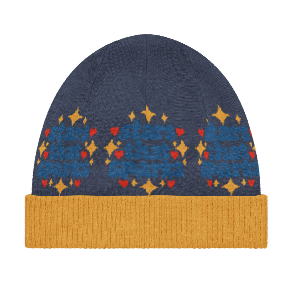 Stars That Sparks Knitted Beanie – Blue & Mustard, Unisex