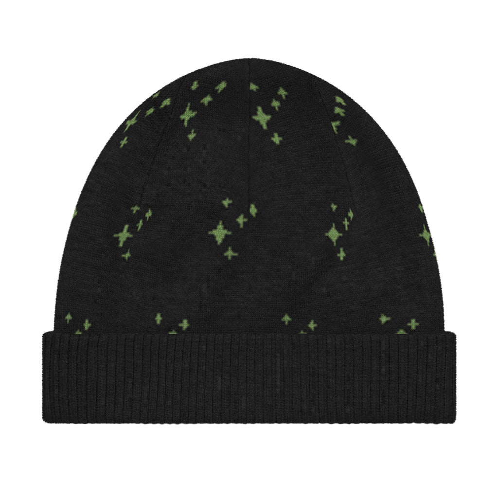 Black Knitted Beanie – Green Spark Pattern, Unisex
