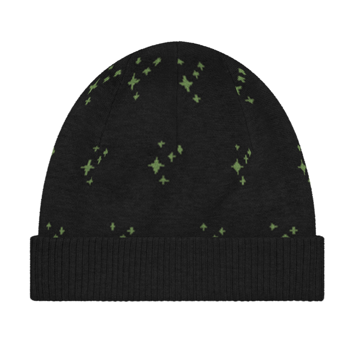 Black Knitted Beanie – Green Spark Pattern, Unisex