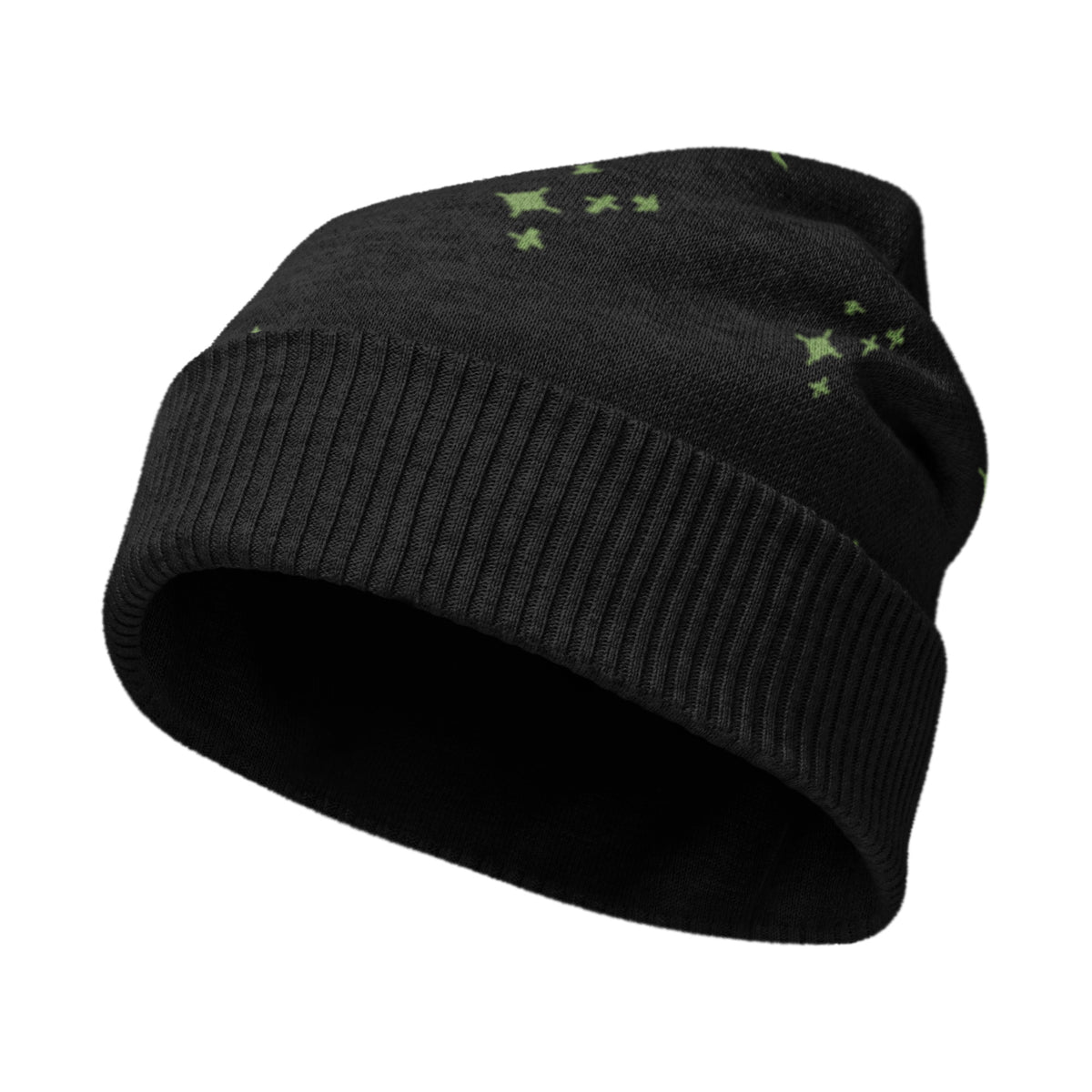 Black Knitted Beanie – Green Spark Pattern, Unisex