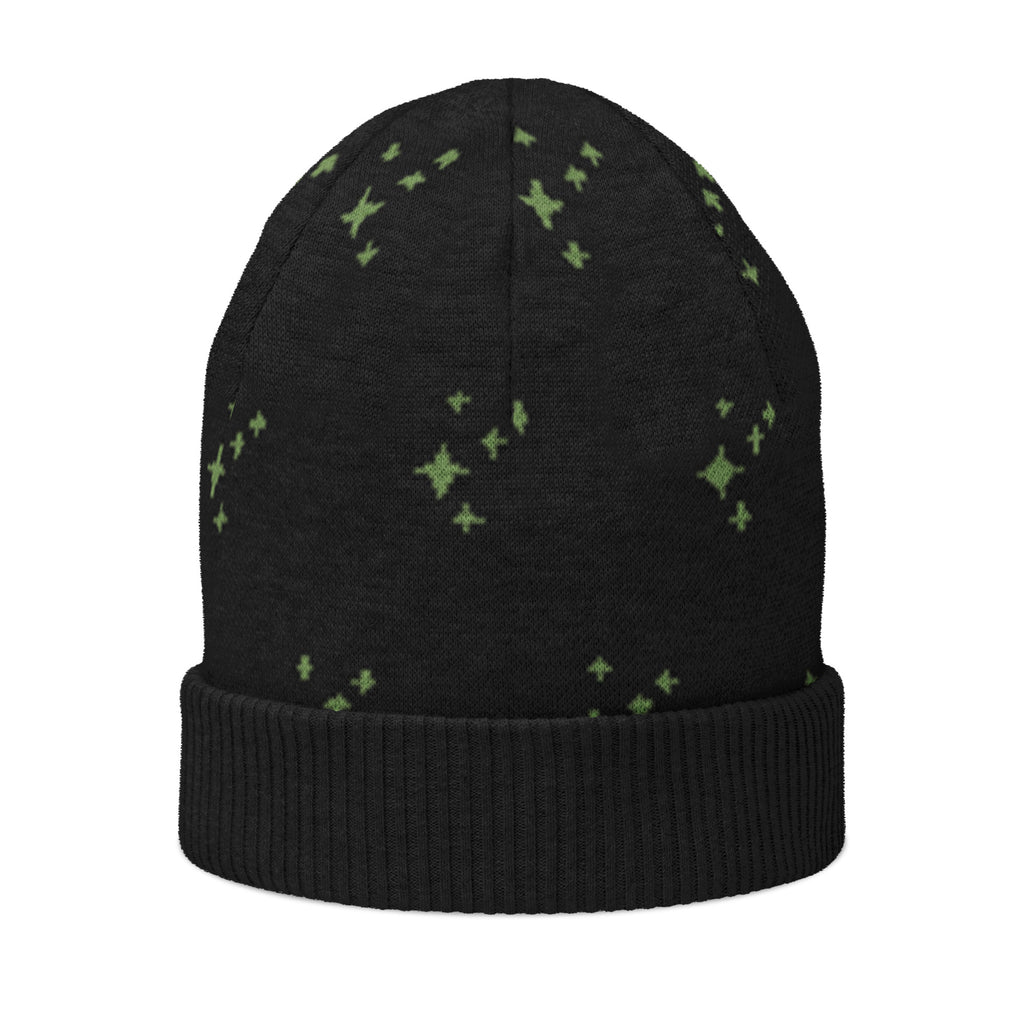 Black Knitted Beanie – Green Spark Pattern, Unisex