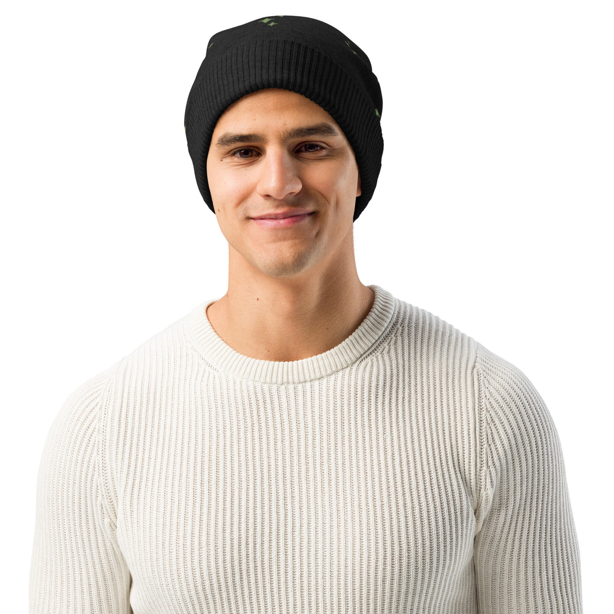 Black Knitted Beanie – Green Spark Pattern, Unisex