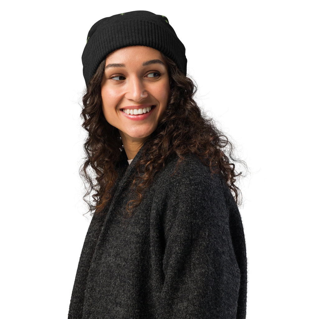 Black Knitted Beanie – Green Spark Pattern, Unisex