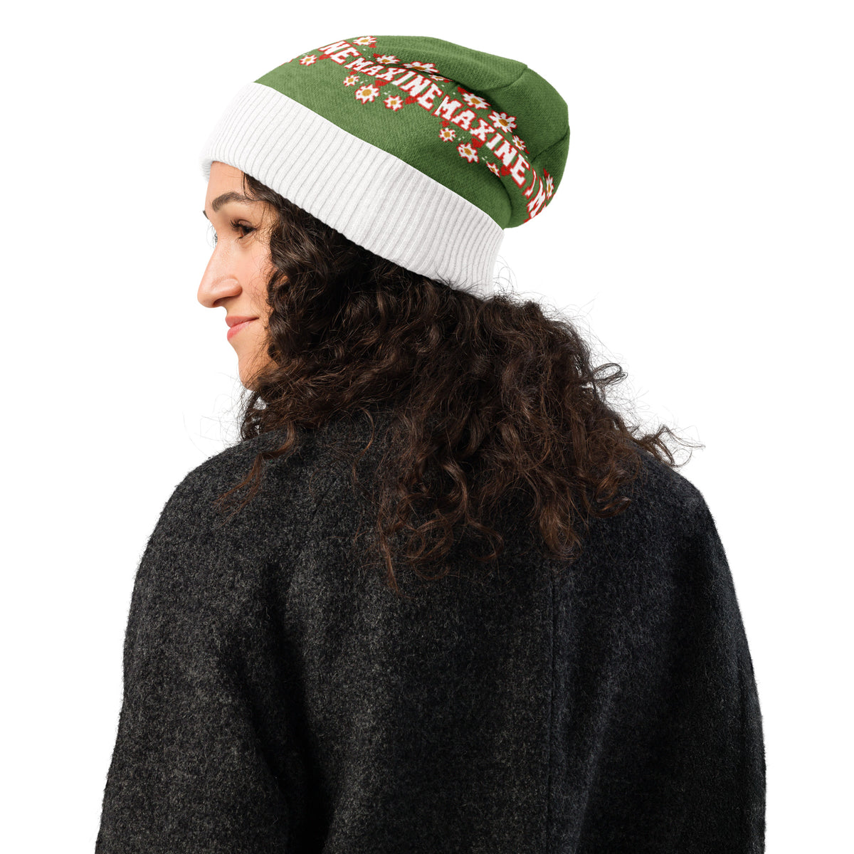 Personalised Daisy Knitted Beanie – Custom Name, Floral