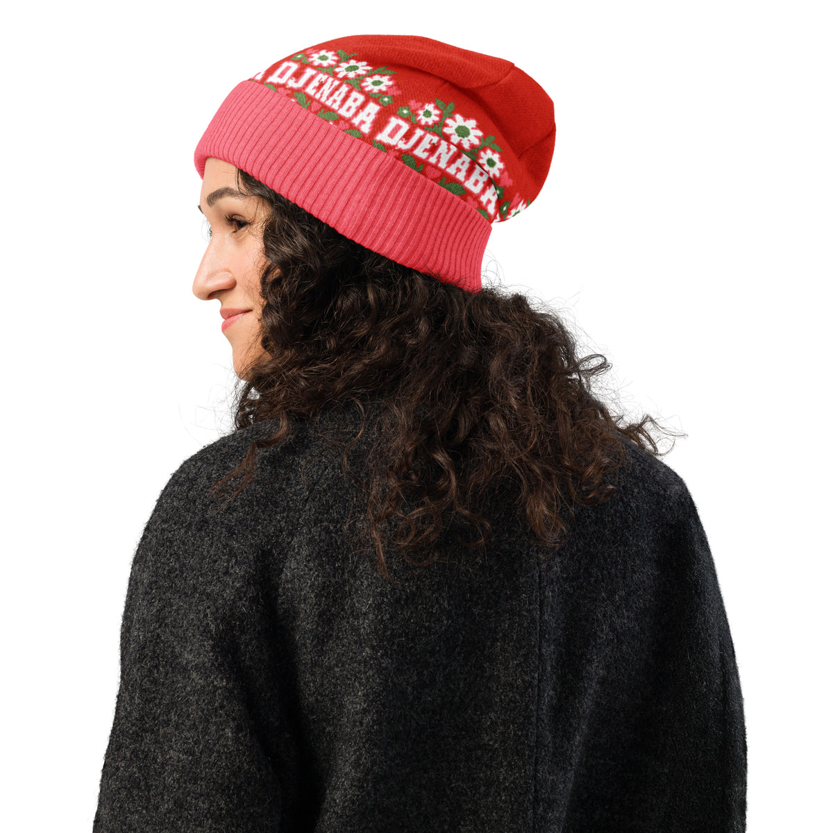 Personalised Daisy Knitted Beanie – Custom Name, Green Floral