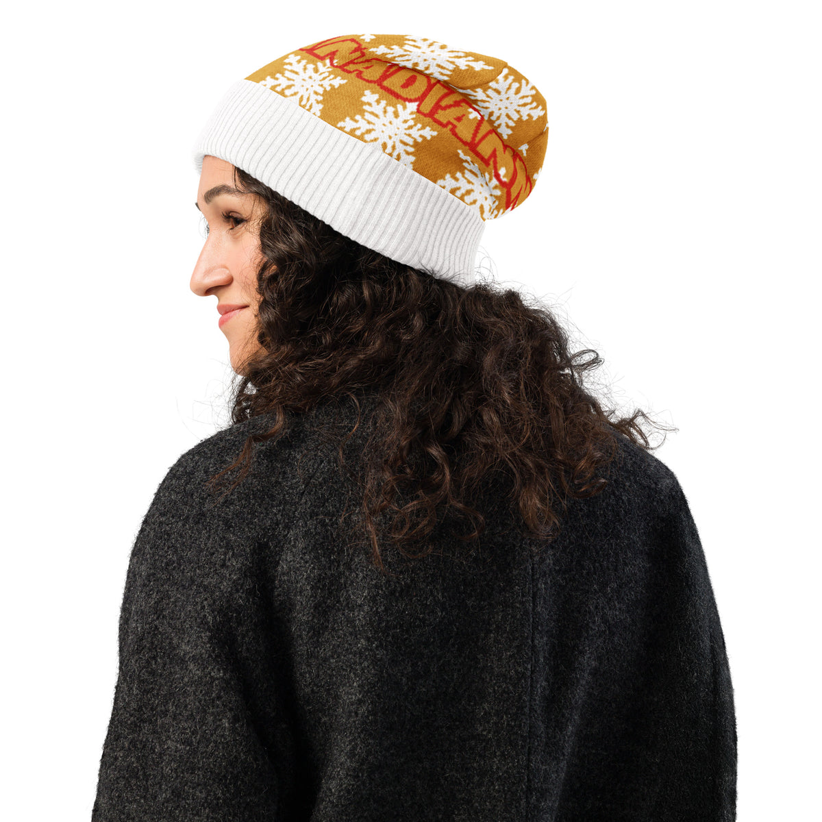 Personalised Snowflake Knitted Beanie – Custom Name, Mustard