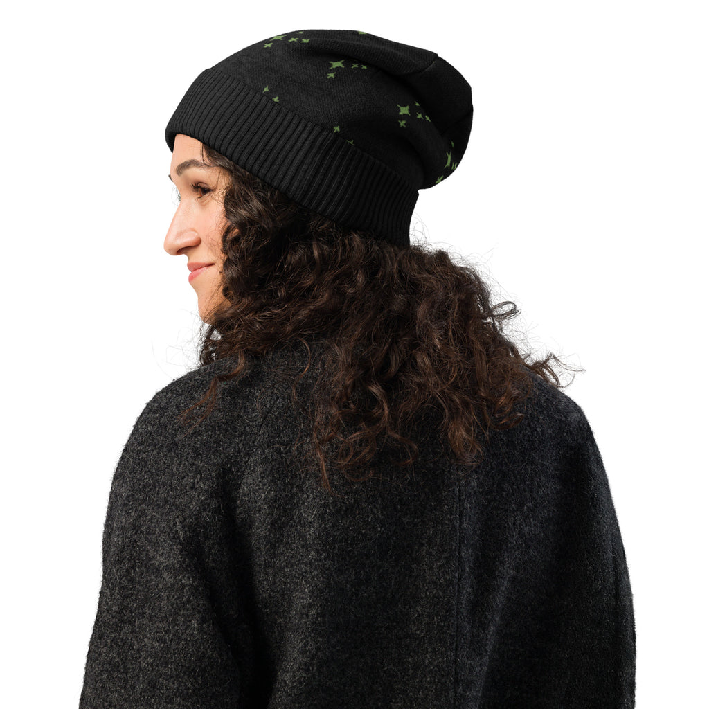 Black Knitted Beanie – Green Spark Pattern, Unisex