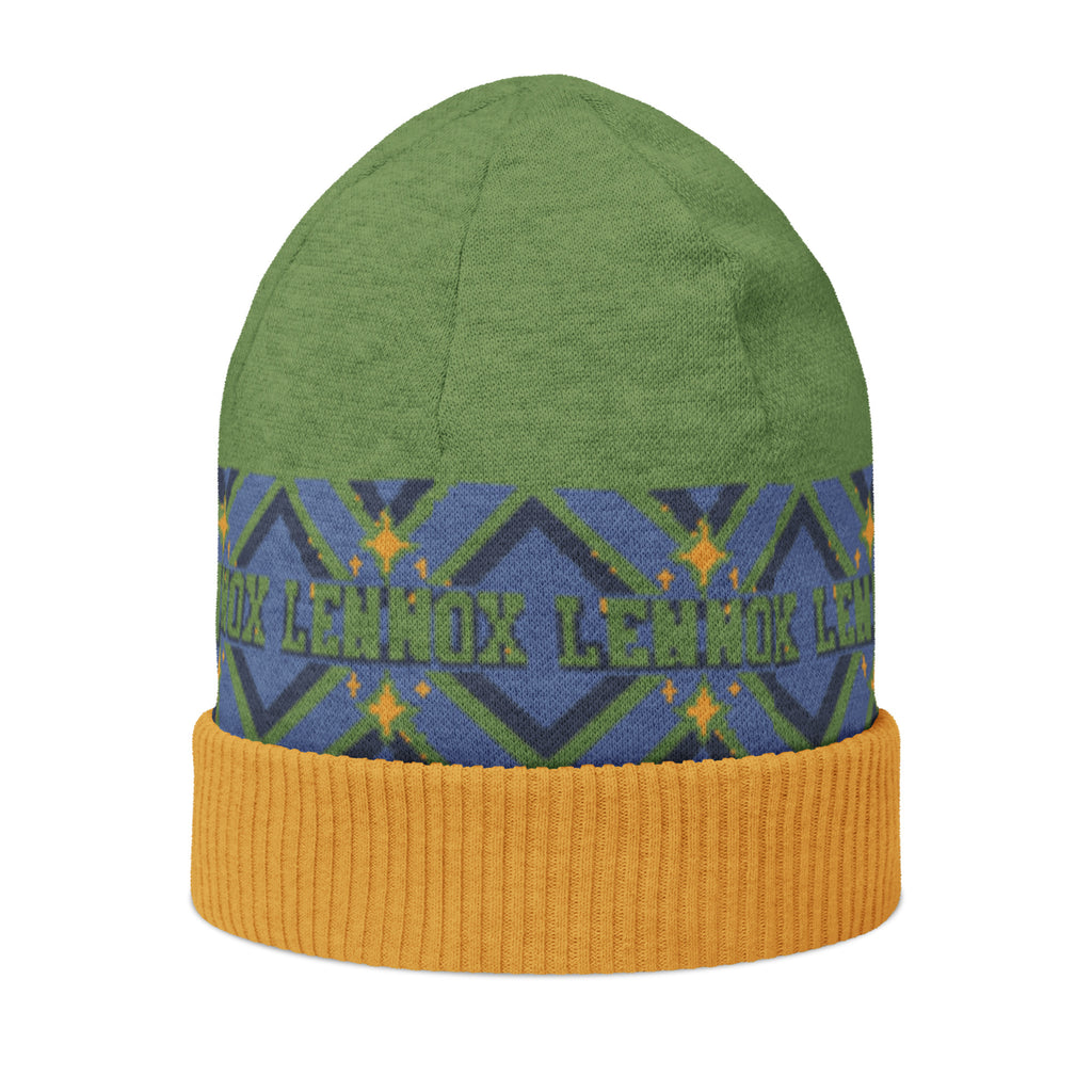 Personalised Geometric Knitted Beanie – Custom Name, Green & Blue