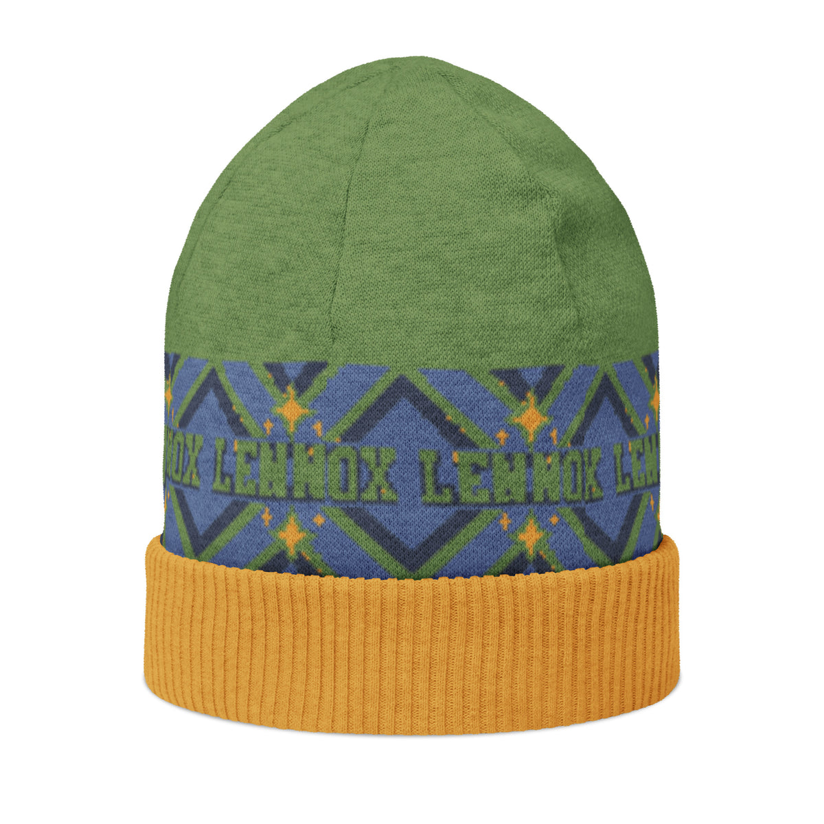 Personalised Geometric Knitted Beanie – Custom Name, Green & Blue