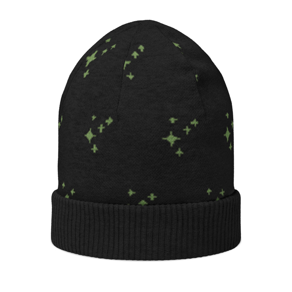 Black Knitted Beanie – Green Spark Pattern, Unisex