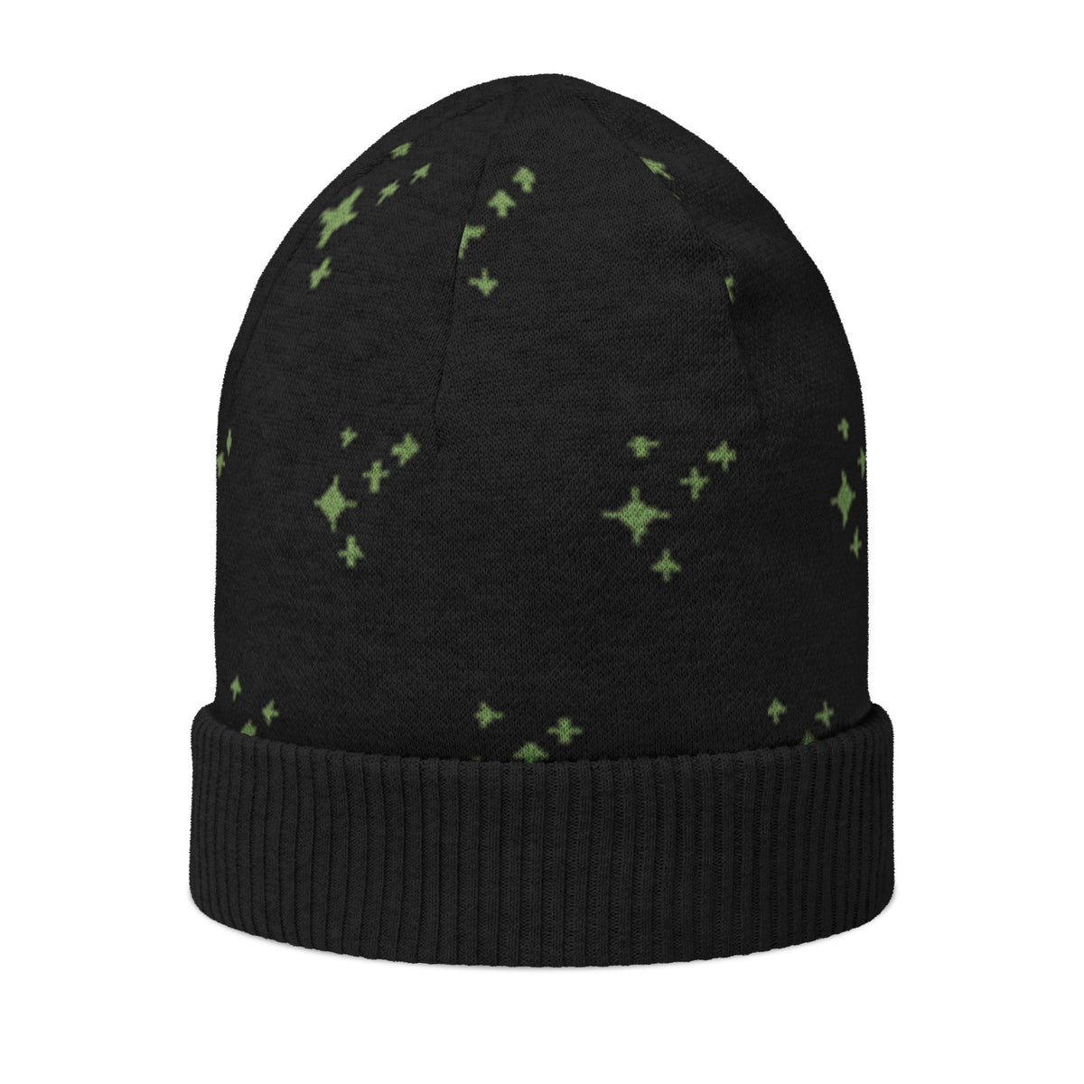 Black Knitted Beanie – Green Spark Pattern, Unisex