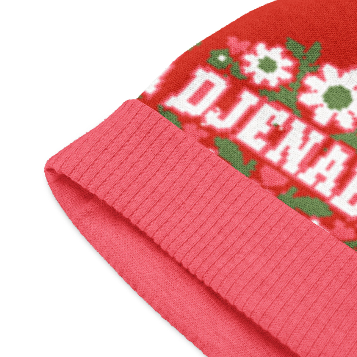 Personalised Daisy Knitted Beanie – Custom Name, Green Floral