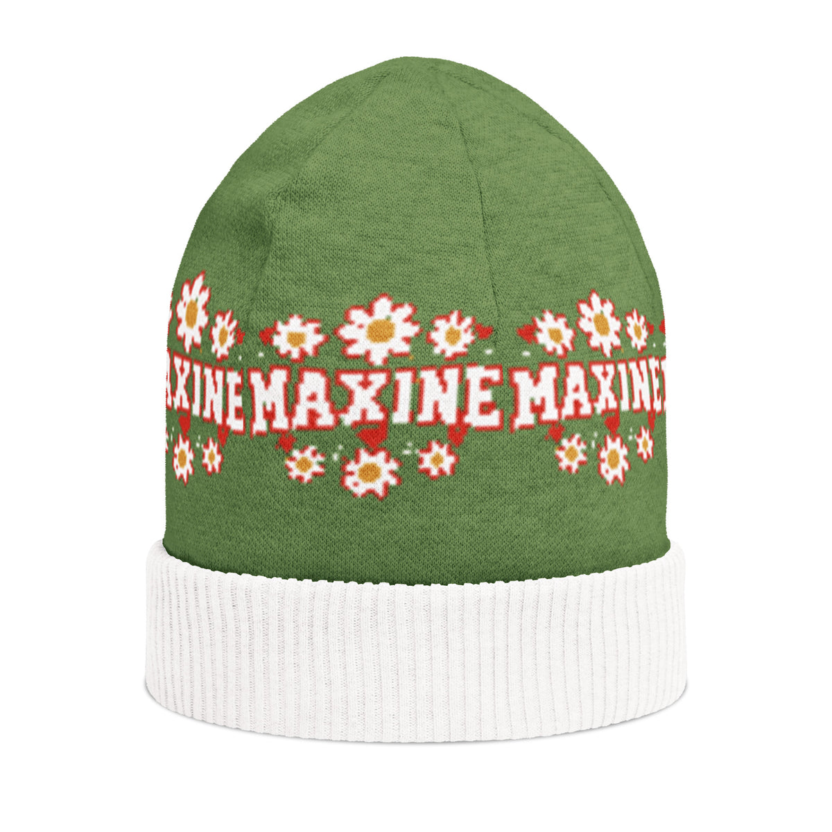 Personalised Daisy Knitted Beanie – Custom Name, Floral