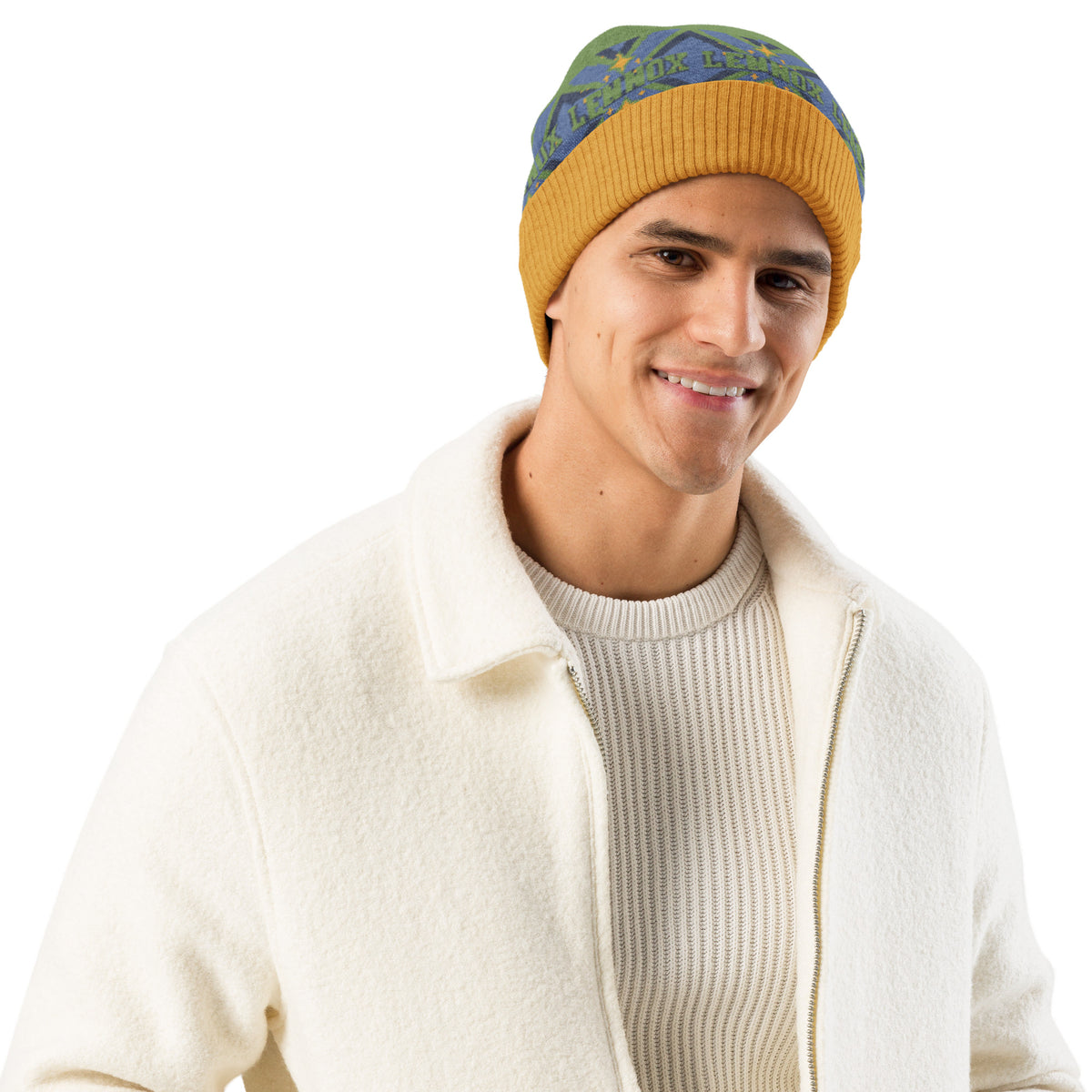 Personalised Geometric Knitted Beanie – Custom Name, Green & Blue