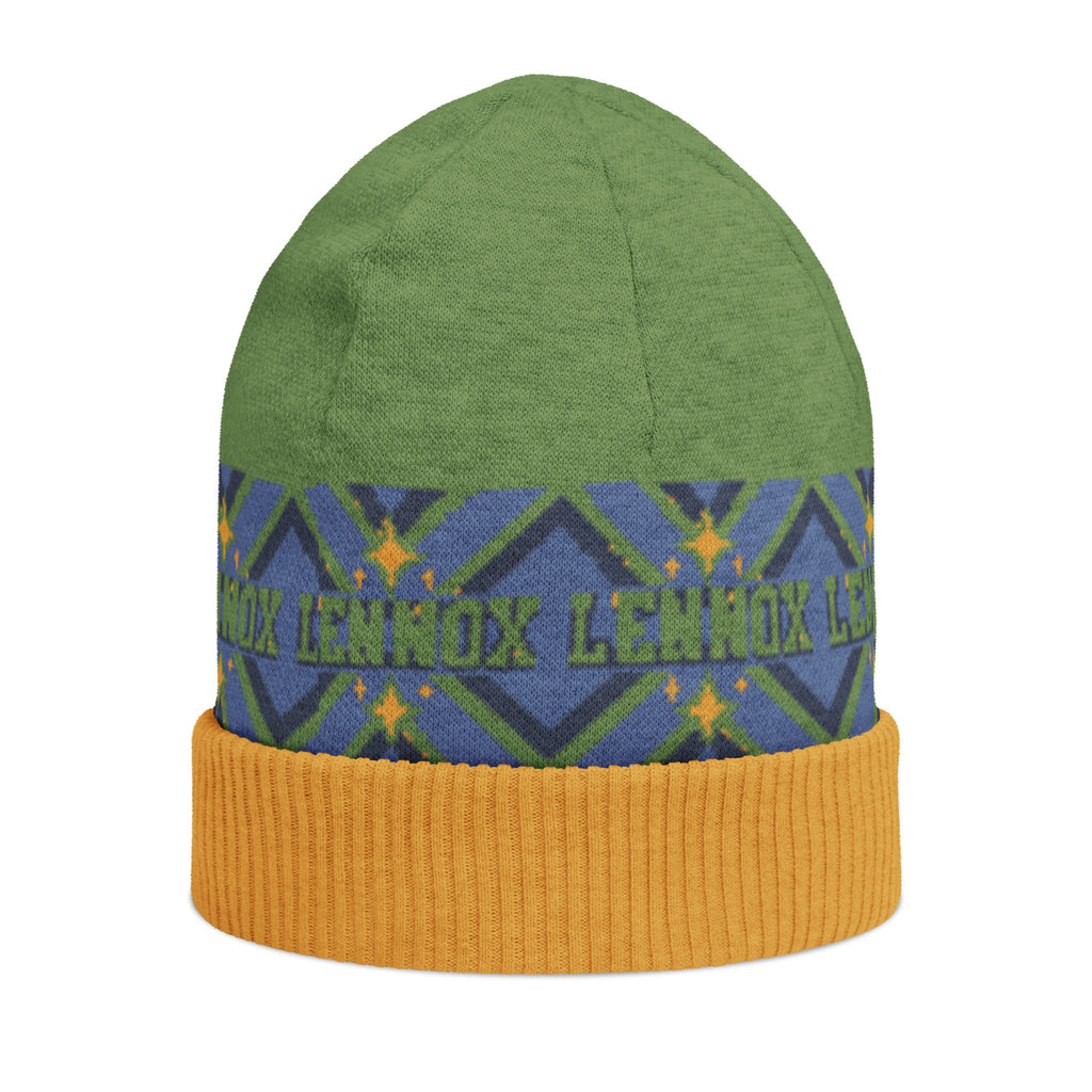 Personalised Geometric Knitted Beanie – Custom Name, Green & Blue