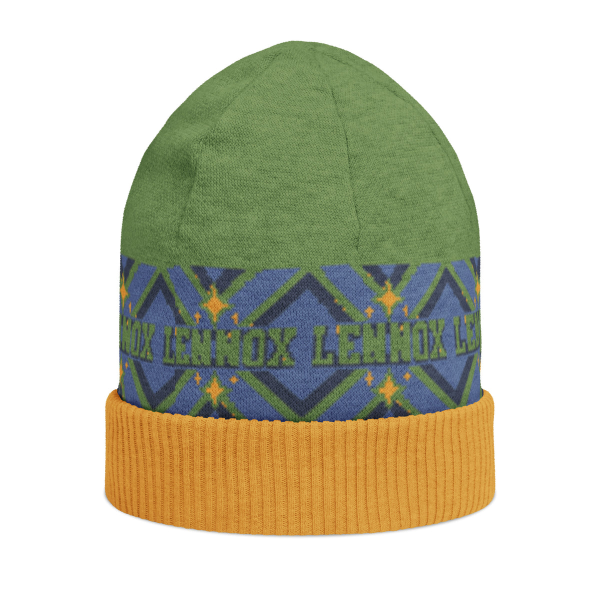 Personalised Geometric Knitted Beanie – Custom Name, Green & Blue