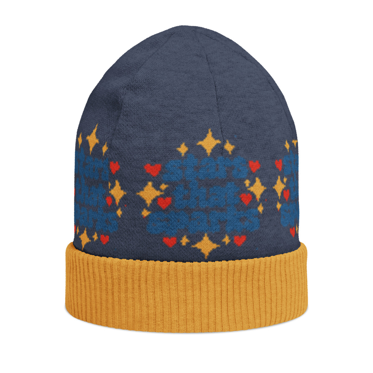 Stars That Sparks Knitted Beanie – Blue & Mustard, Unisex