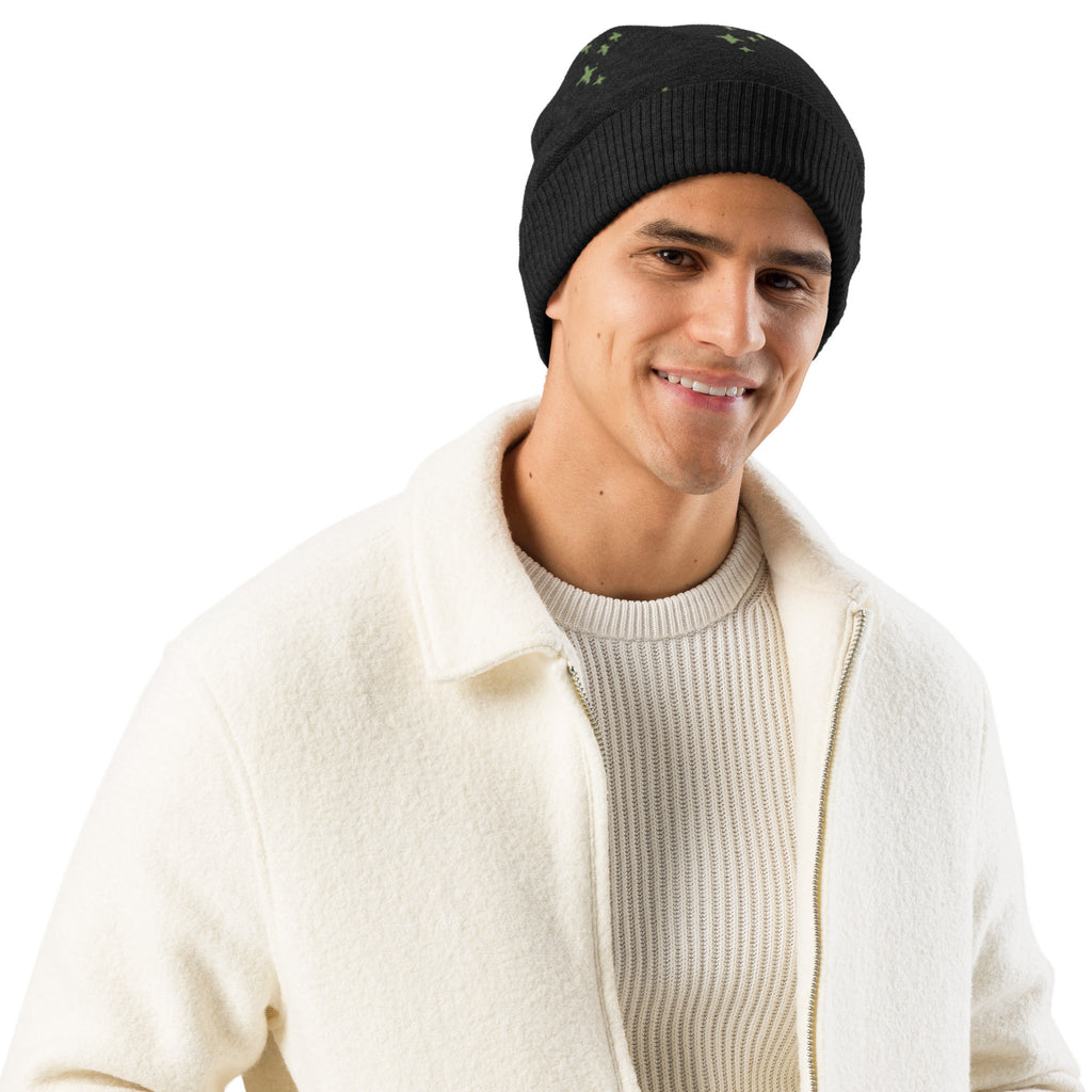 Black Knitted Beanie – Green Spark Pattern, Unisex