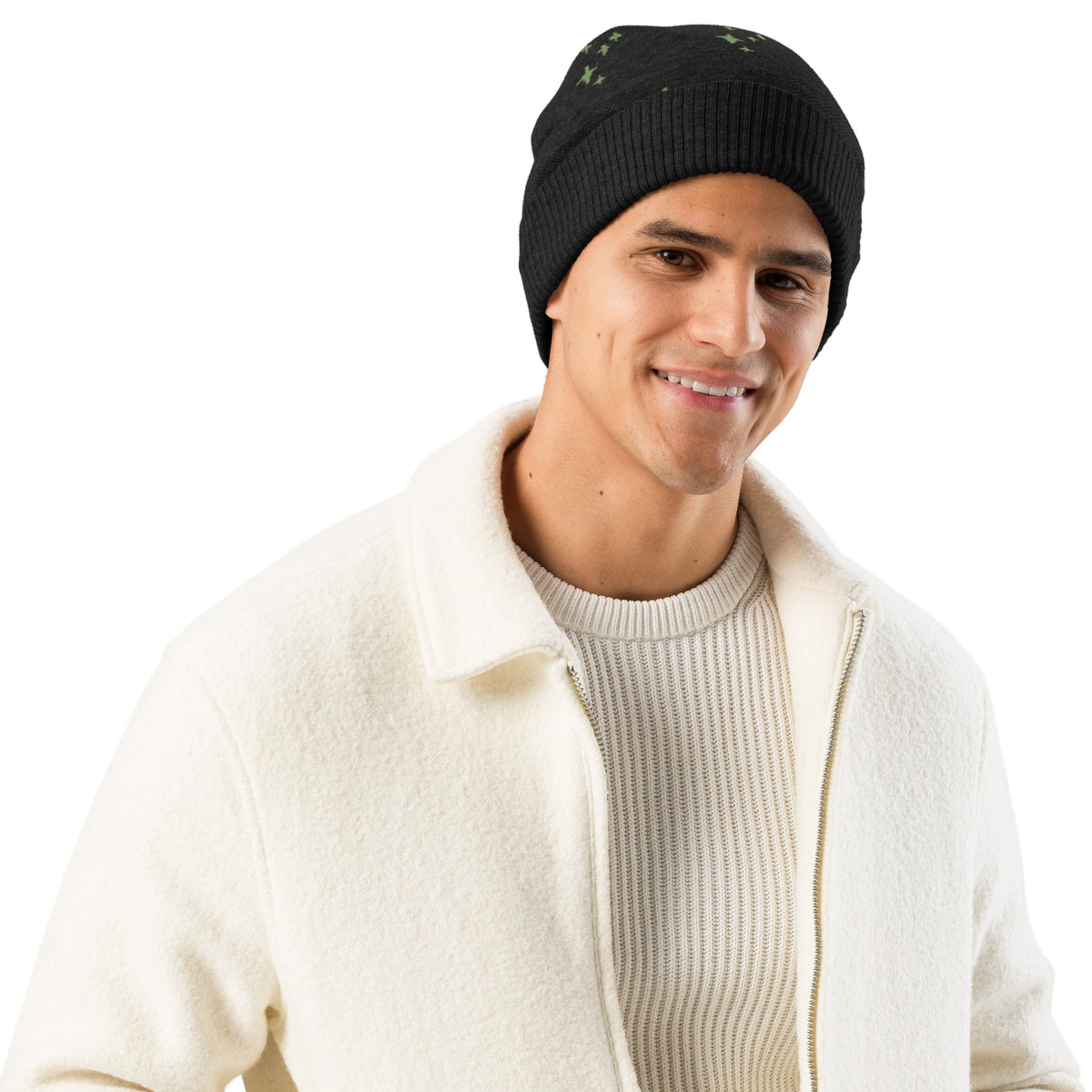 Black Knitted Beanie – Green Spark Pattern, Unisex