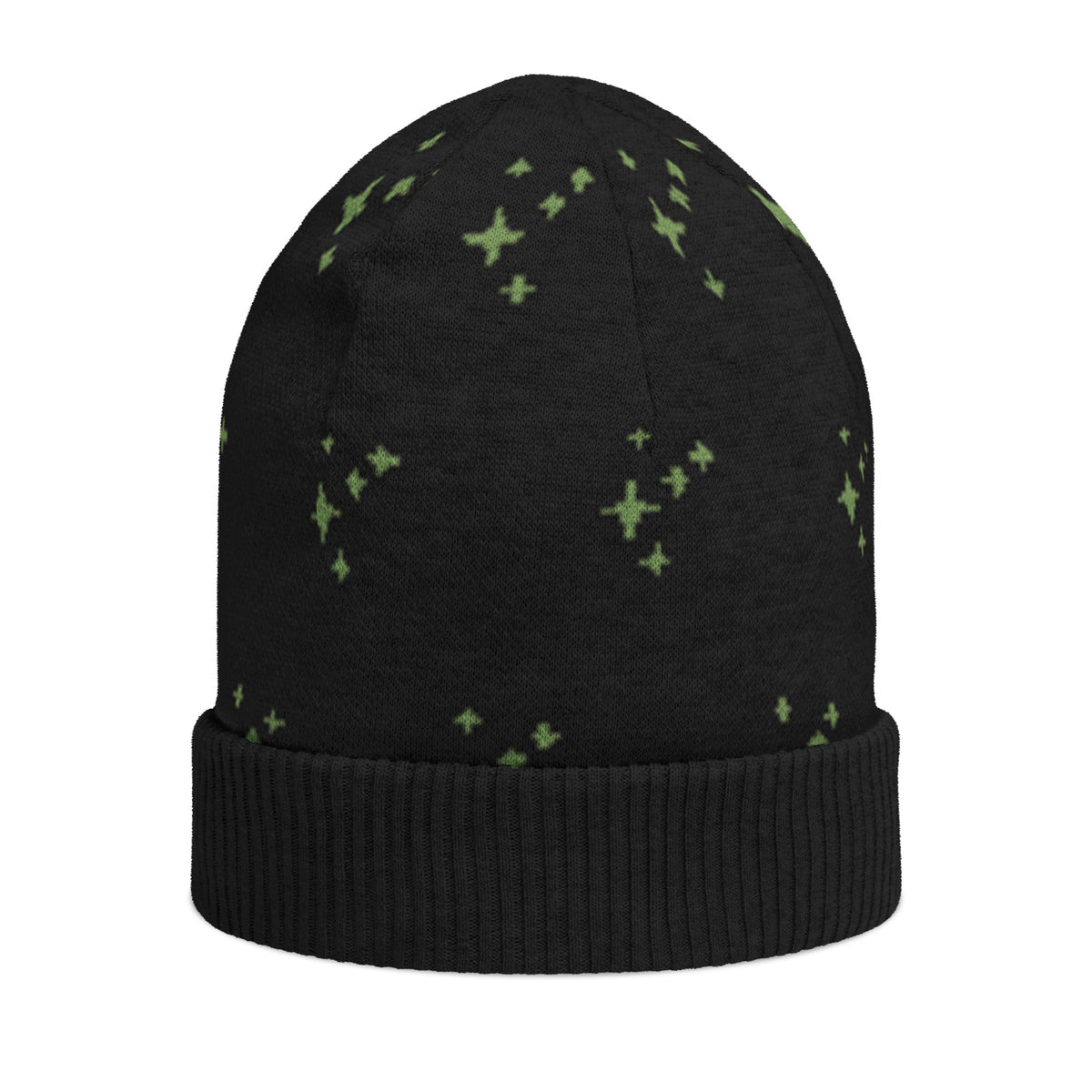Black Knitted Beanie – Green Spark Pattern, Unisex