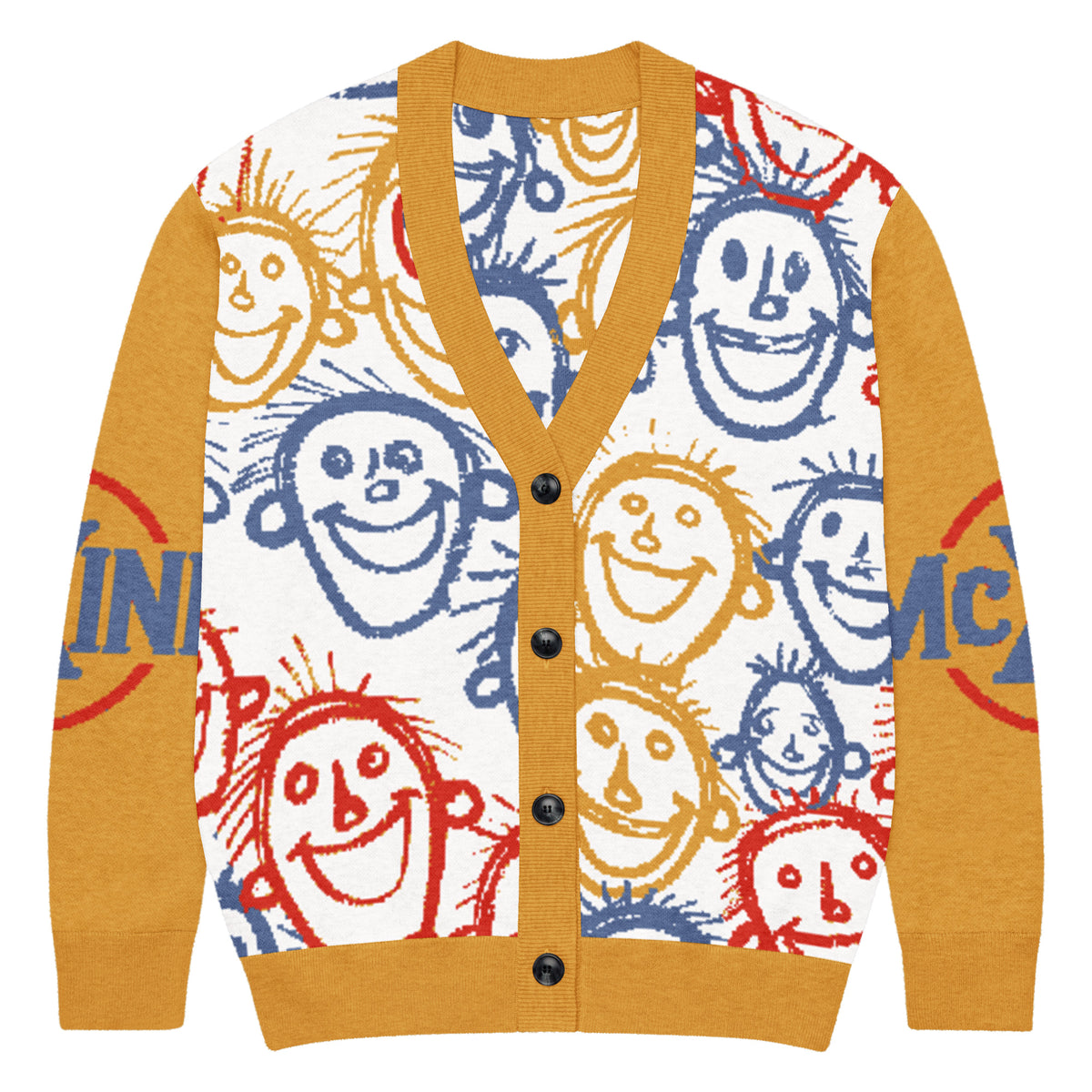 Knitted cardigan with colourful smiley face all-over print and mustard yellow sleeves