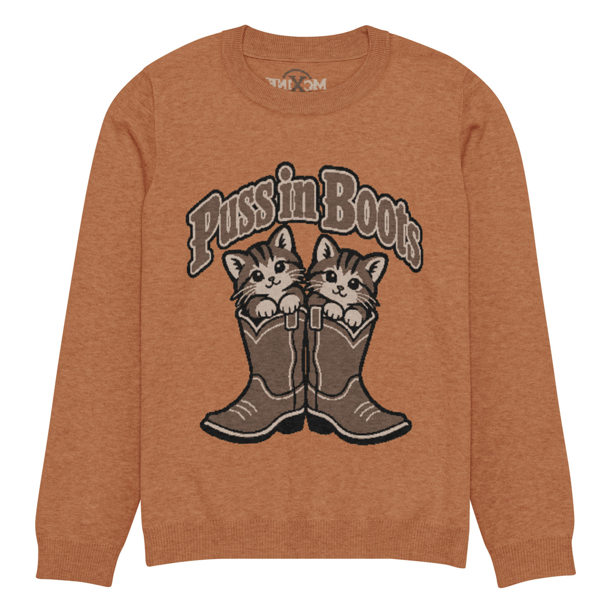 Puss in Boots kittens knitted jumper in rust, front view