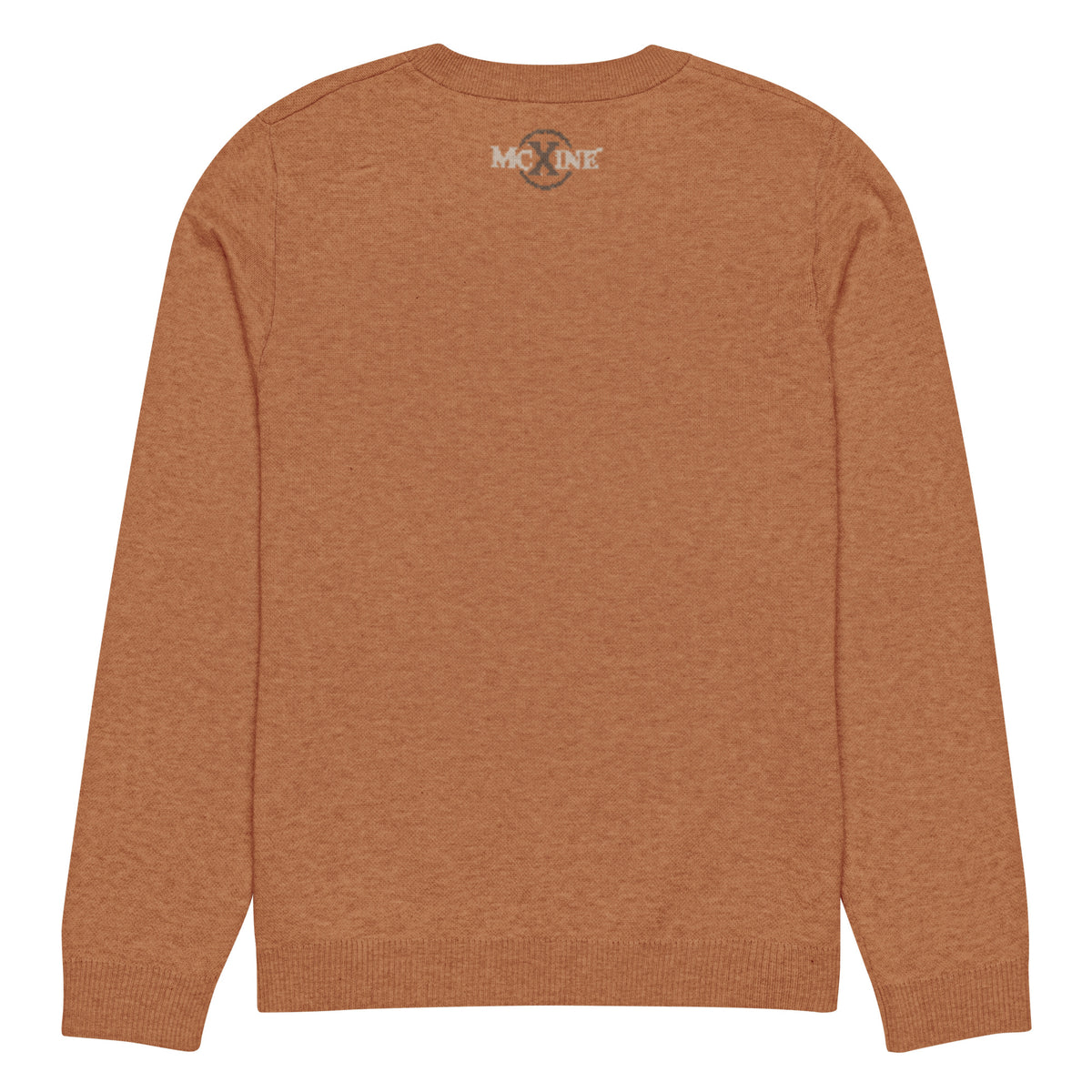 Rust knitted crew-neck jumper, back view